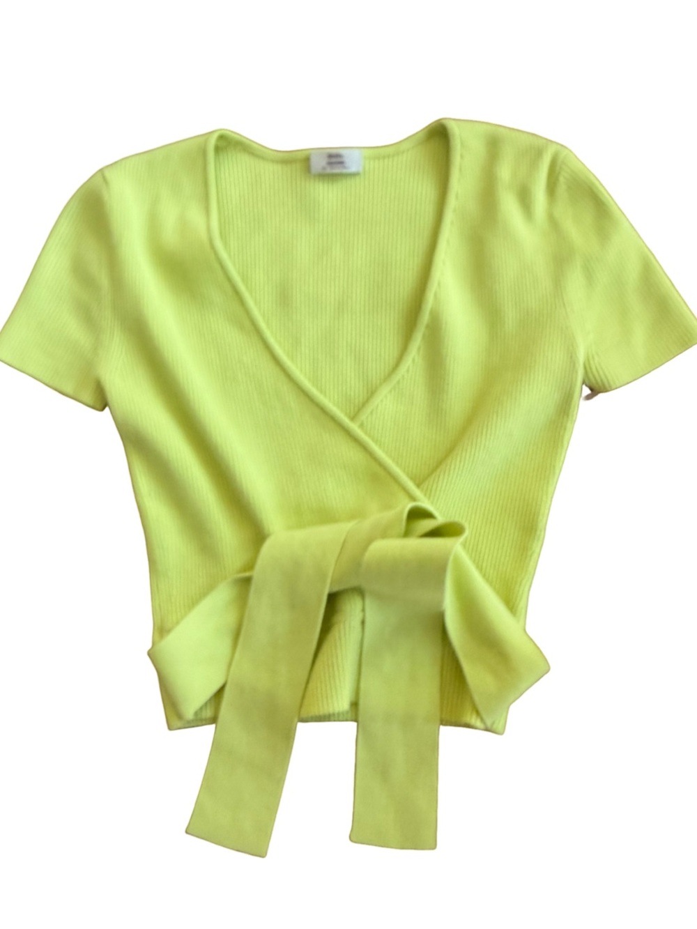Aritzia Little Moon XS Chartreuse Rib Knit Wrap Crop Top Tie Waist